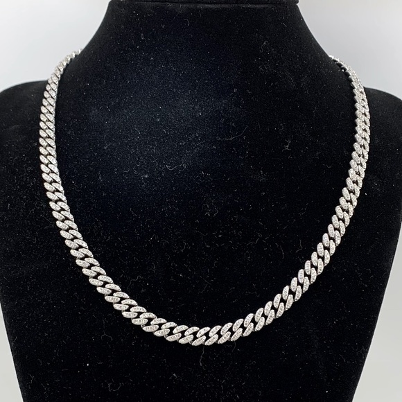 BSI 925 Sterling Reversible Rhinestone Polished Curb Chain Choker Necklace 17" - Picture 1 of 16